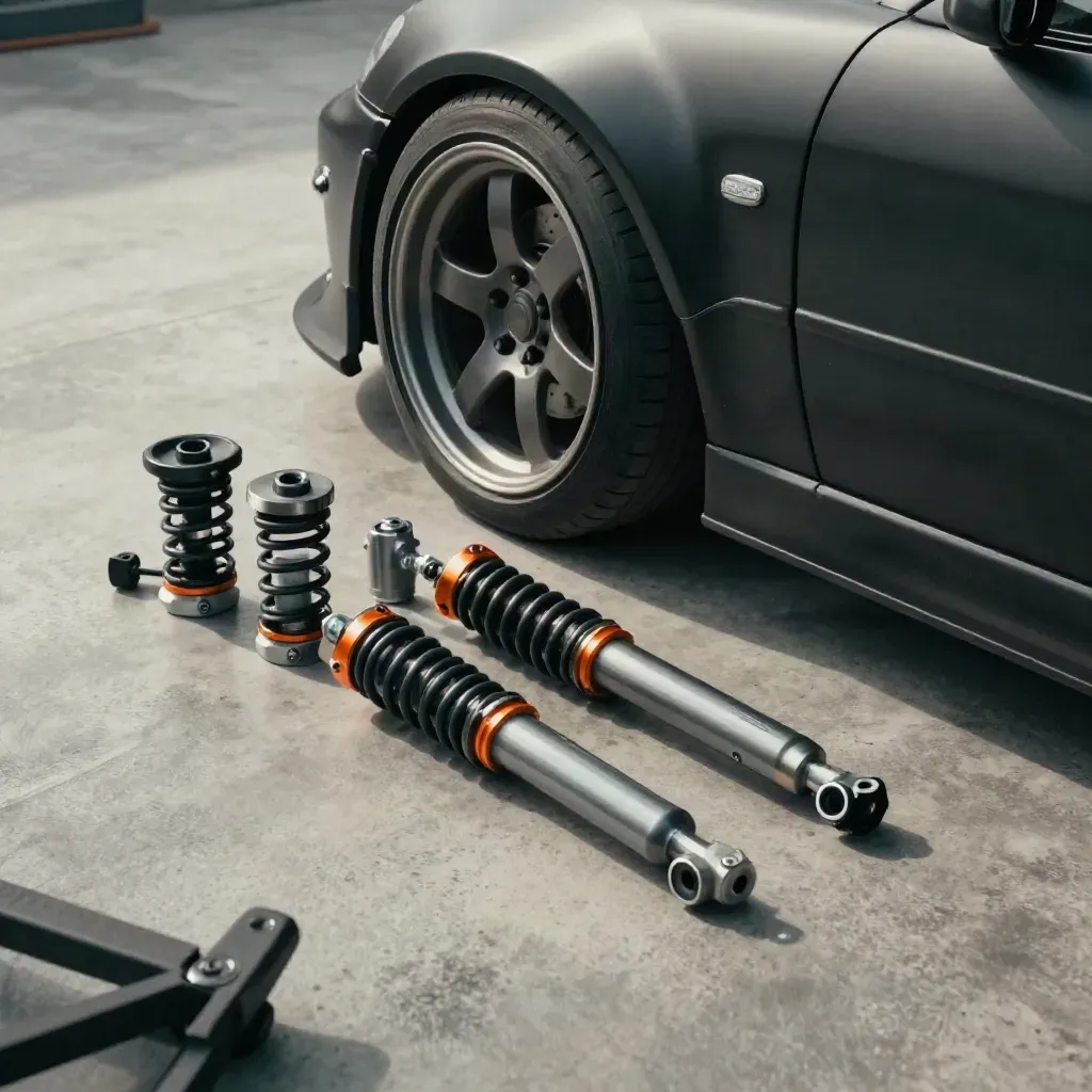 Drift car coilover parts staged on a workshop floor, one strut mounted, hardware mid-install.