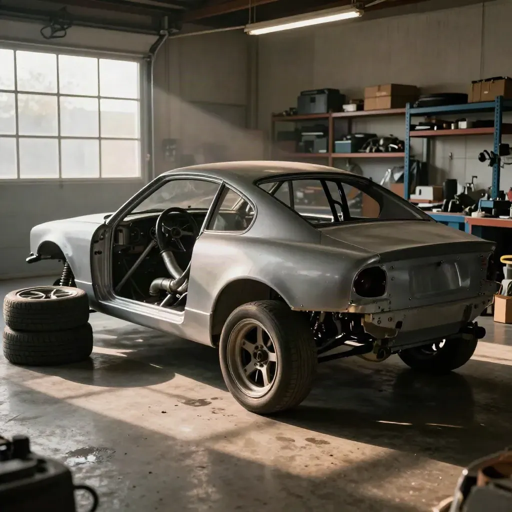 Stripped drift shell in a workshop with roll cage, coilovers, turbo piping and stacked tires.
