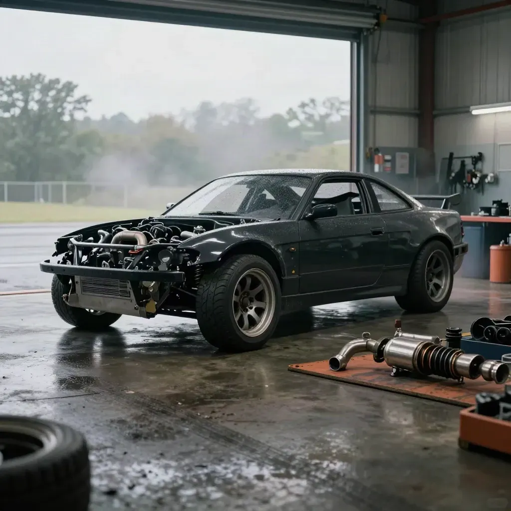 Black S-chassis drift car in a wet garage bay with turbo piping, coilovers, and stacked semi-slicks.