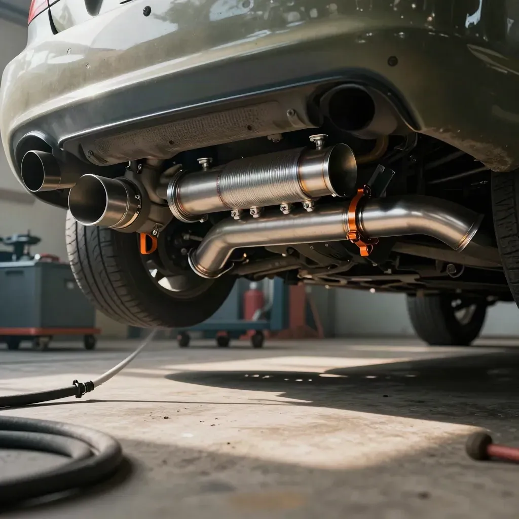 Low undercar view of turbo exhaust work beneath a drift car in a dark workshop