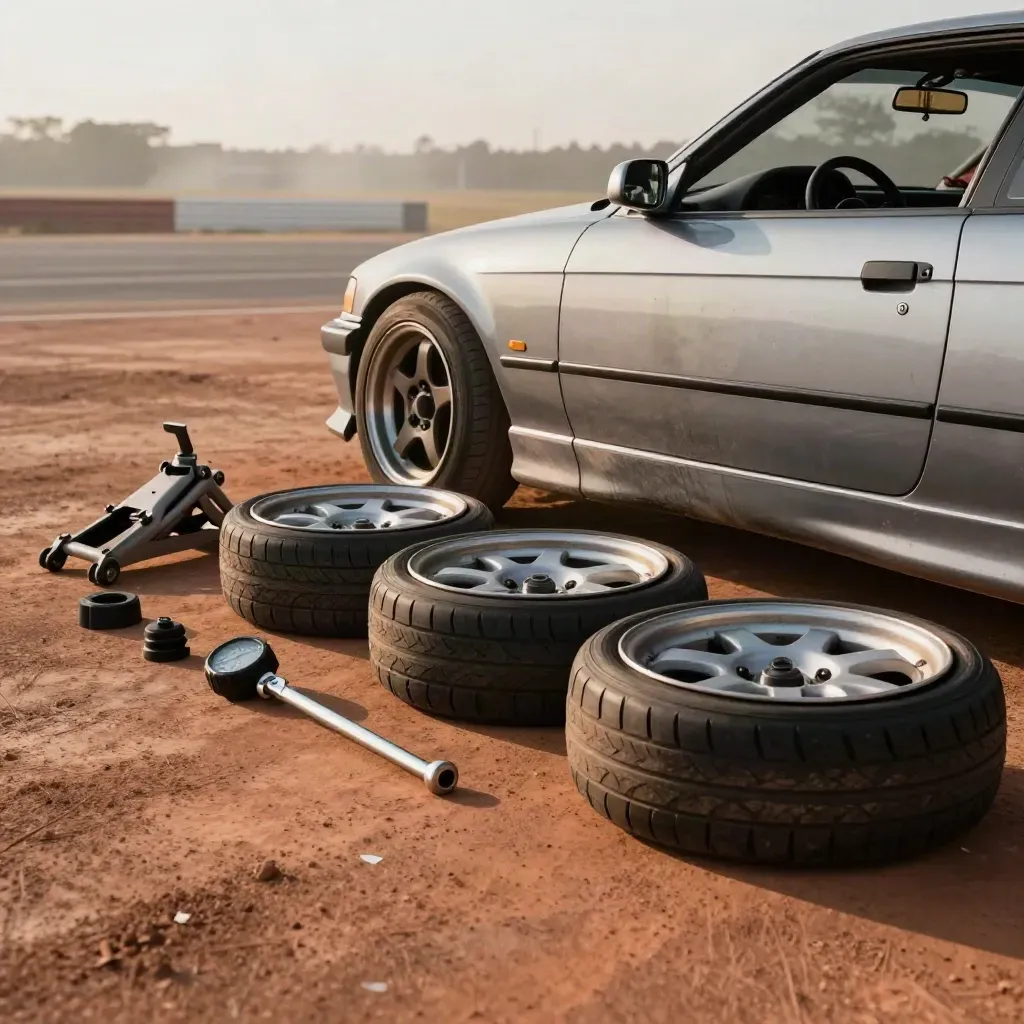 Drift car with track-day tools, jack, chocks, torque wrench, tire gauge and spare wheels in paddock haze.