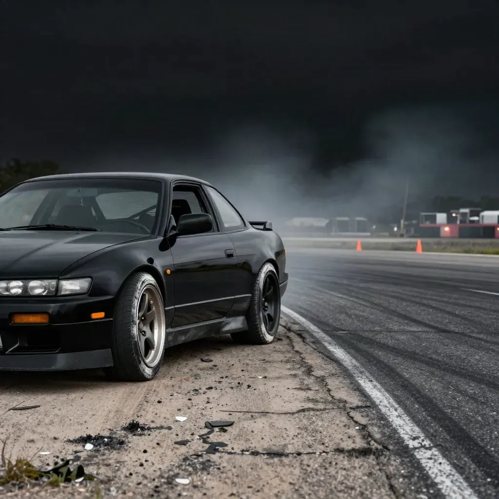 Black S13 hatch ready at a drift paddock edge, scrubbed rear tires, haze, and raking light.