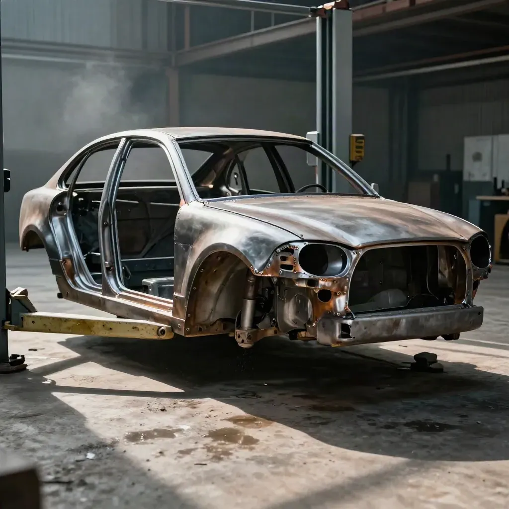 Bare drift chassis shell on a workshop lift, welds and bracing glowing in haze