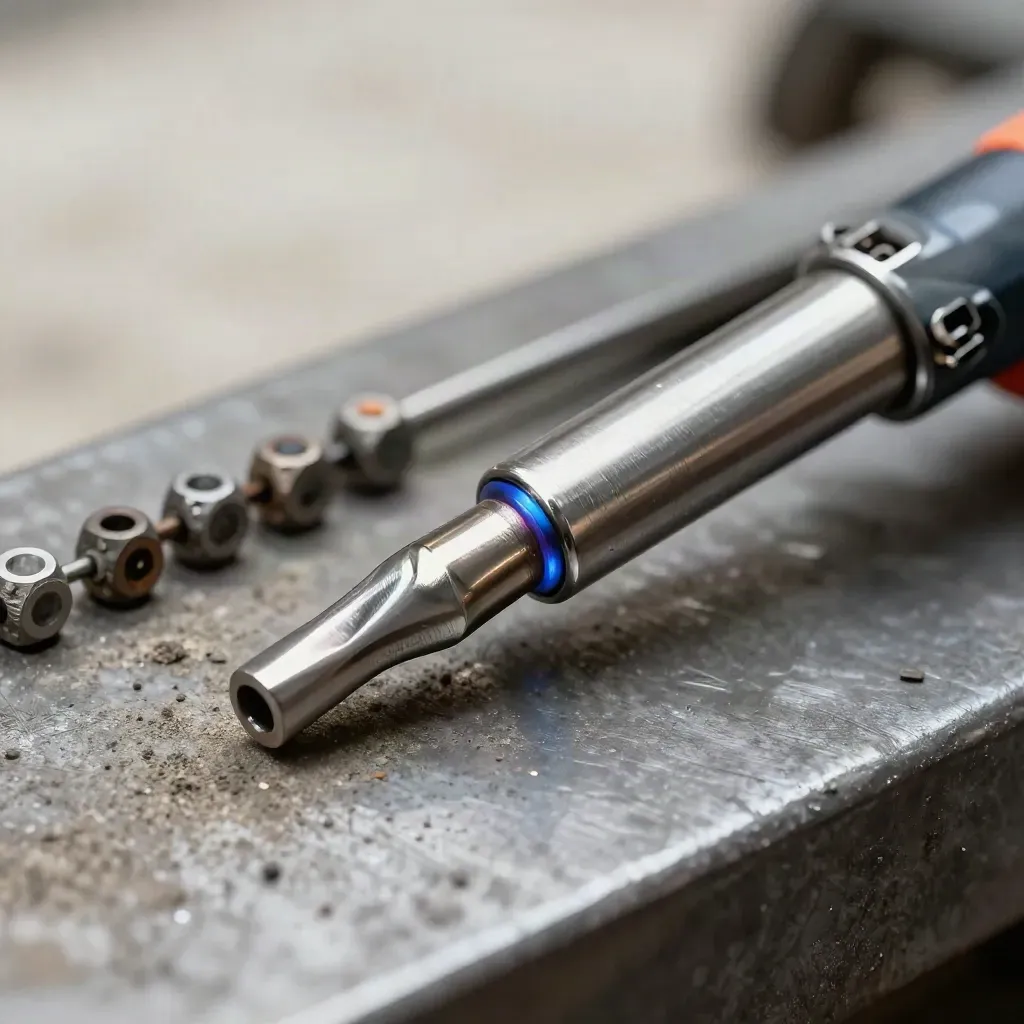 Extreme macro of a TIG torch head, filler rods, and burnt tack samples on a steel bench.