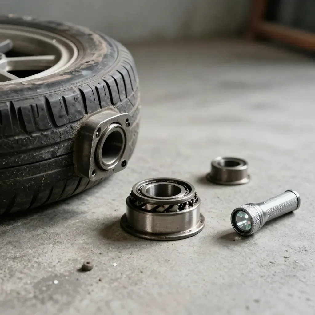 Cracked suspension bushing, worn tire shoulder, hub bearing and flashlight on concrete