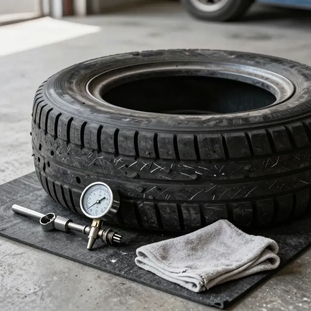 Heat-marked drift tire, gauge and lug socket on a pit mat, top-down square still life.