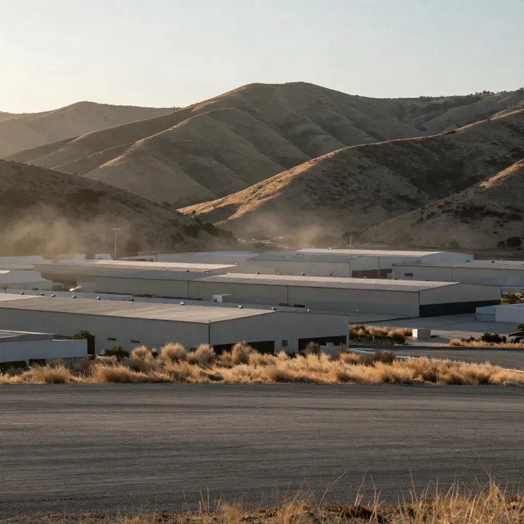 Hazy Inland Empire foothills and warehouse roofs at dusk with open calm foreground.